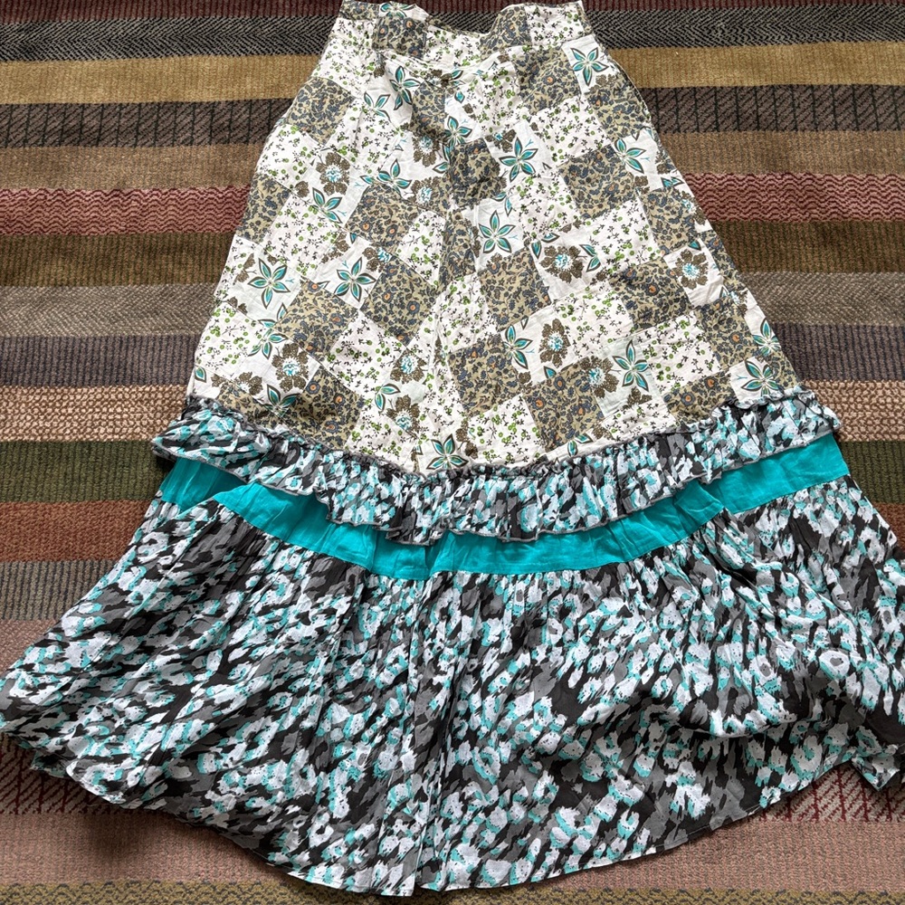 Anthropologie Floral Patchwork Maxi Skirt - Cream, Brown, Teal